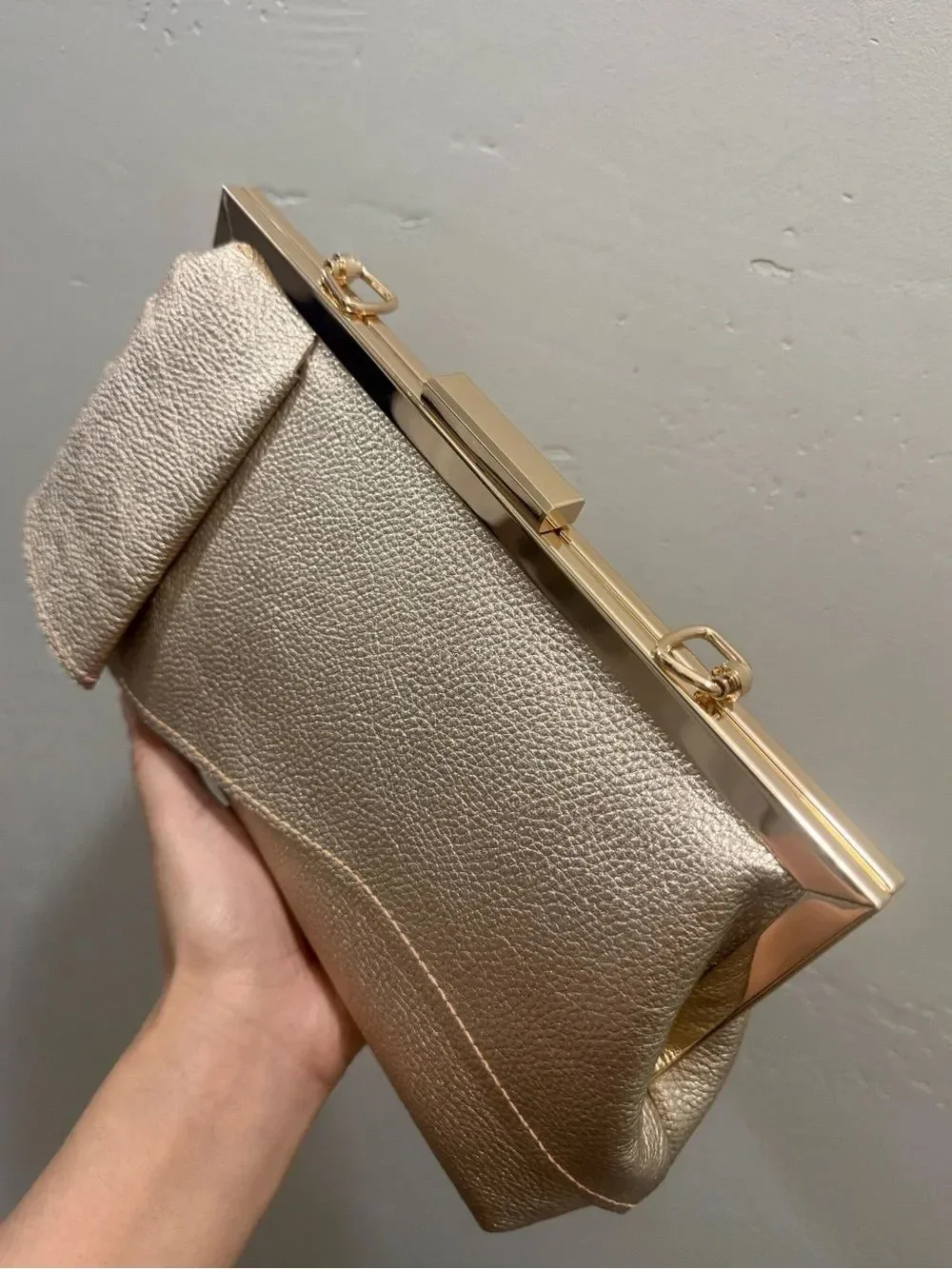 Gold Pebble Leather Handmade Asymmetrical Ruffles Push Lock Frame Bag